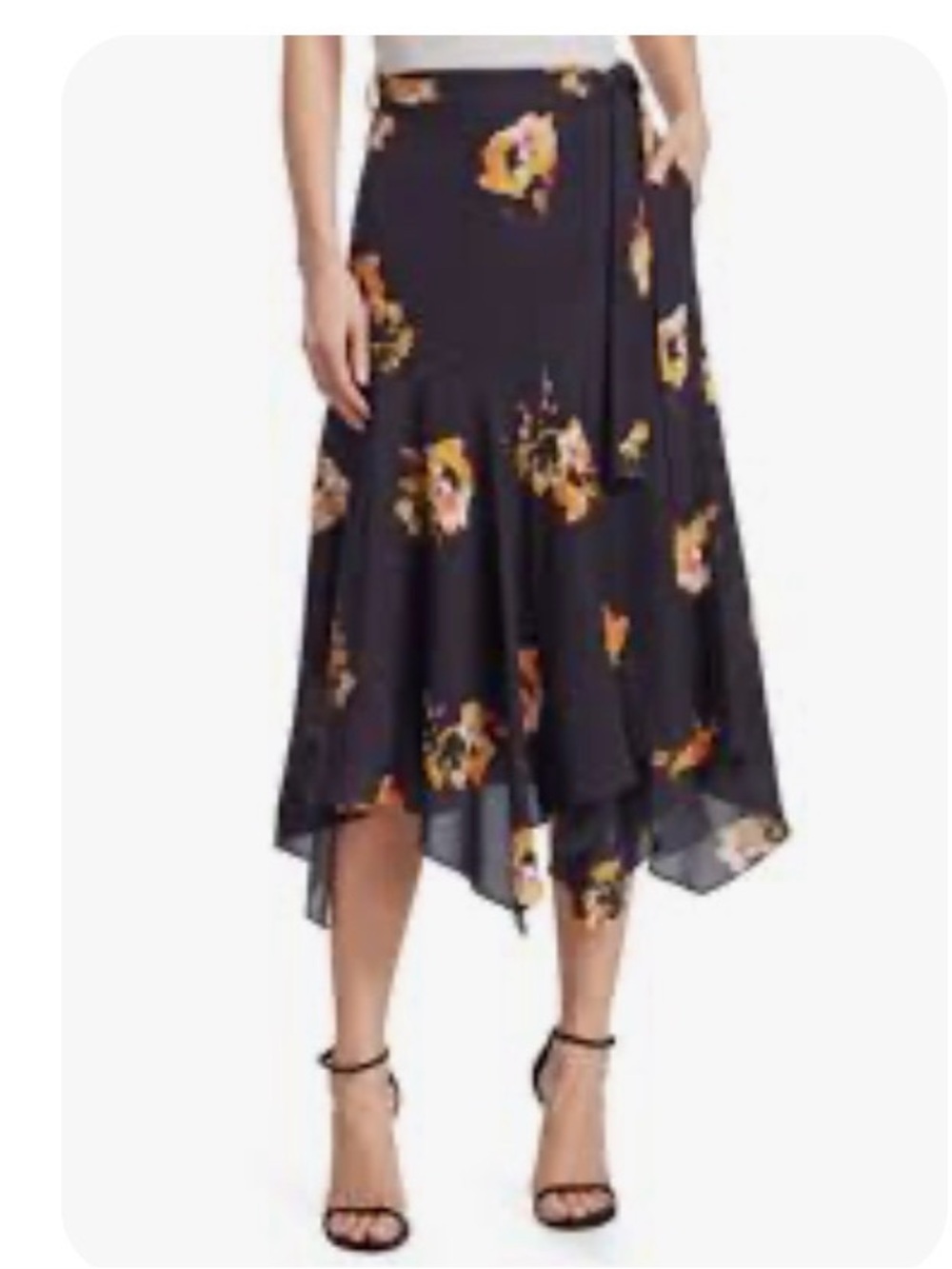 A.L.C. Borden Black Floral 100% Silk Wrap Midi Skirt Asymmetric Size 2